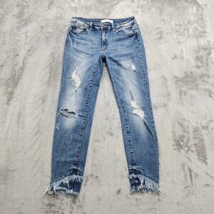 Women's Blue Ripped Tassel Ankle-Length Skinny Stretch Jeans